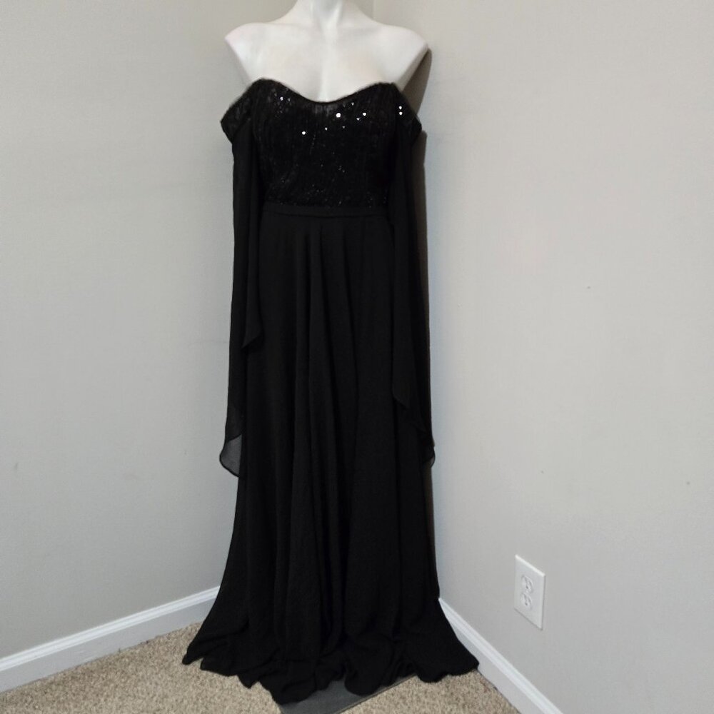 L (8-10) VIPGIRL Black Chiffon Off-Shoulder Cape-Sleeve Gown with Sequins/Beads